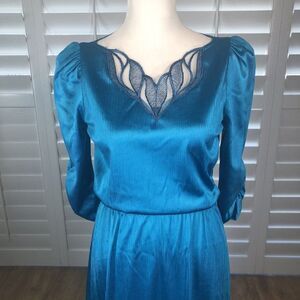 Vtg 70s Handmade Turquoise Satin Slim Dress S 3/4 Sleeve Blouson Applique Disco